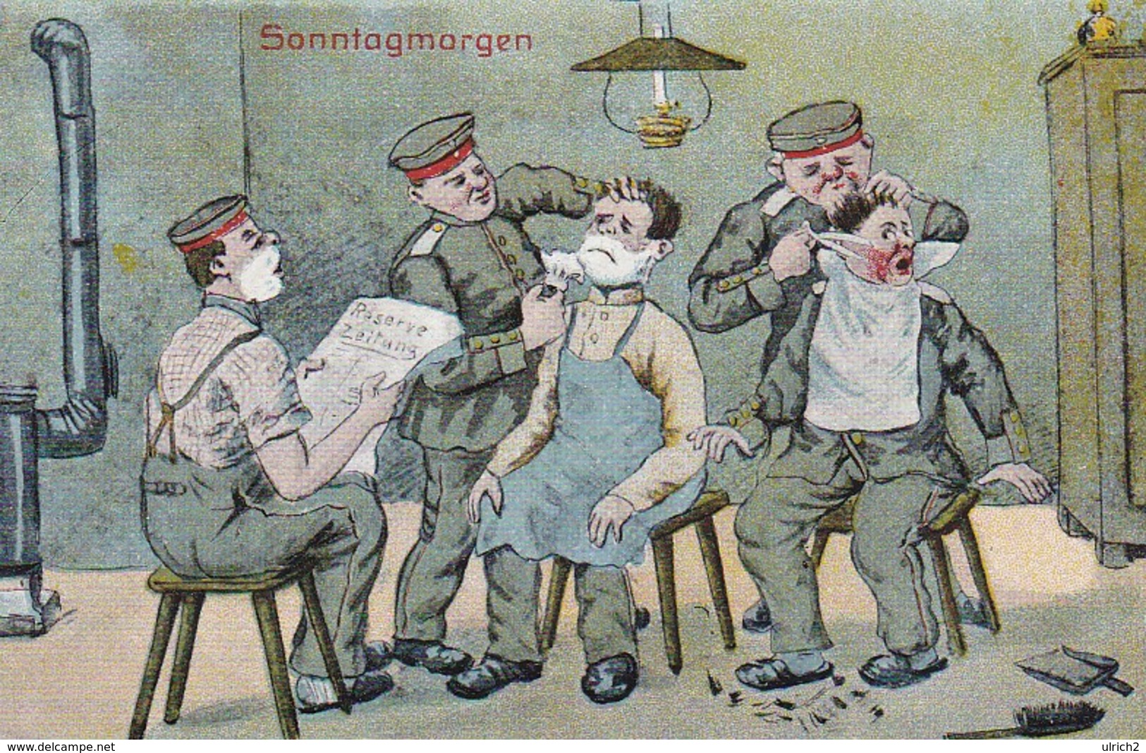 AK Sonntagmorgen - Deutsche Soldaten Beim Barbier - Humor - Patriotika - Feldpost Rendsburg 1918  (31741) - Guerre 1914-18