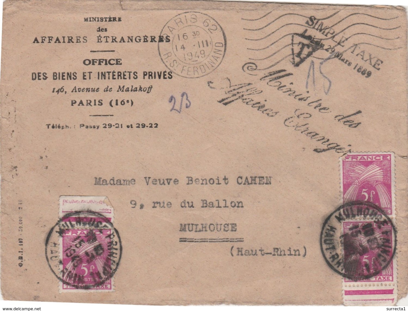 Lettre 1949 / Ministère Affaires Etrangères / Paris / Mme Vve Cahen Mulhouse 68 / Taxe - 1859-1959 Afgestempeld