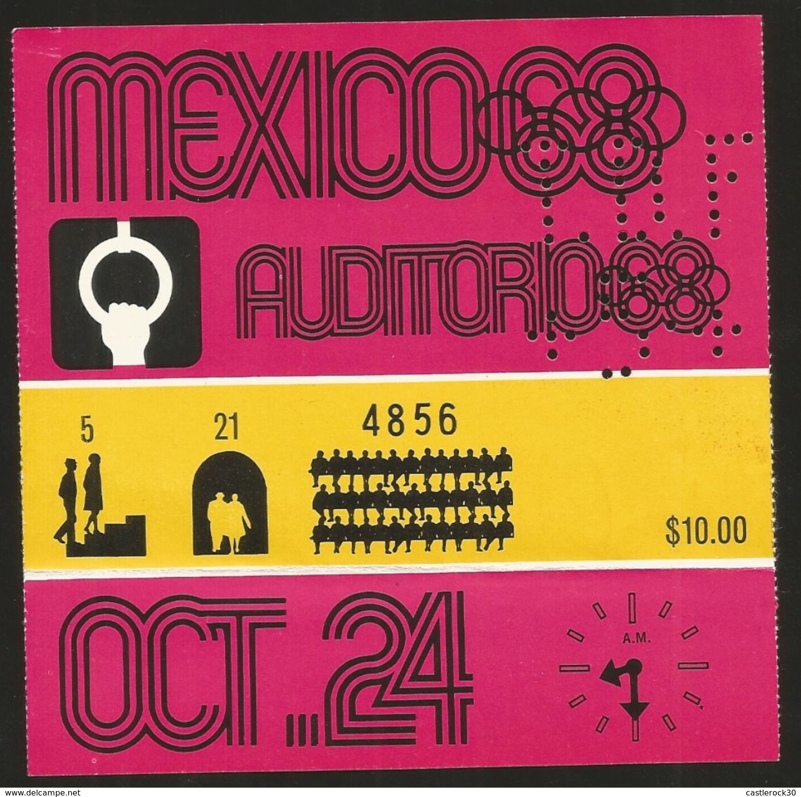 RJ) 1968 MEXICO, TICKET FOR GYM IN THE AUDITORIUM, OCTOBER 24, WITH PERFINS, XF - Mexico