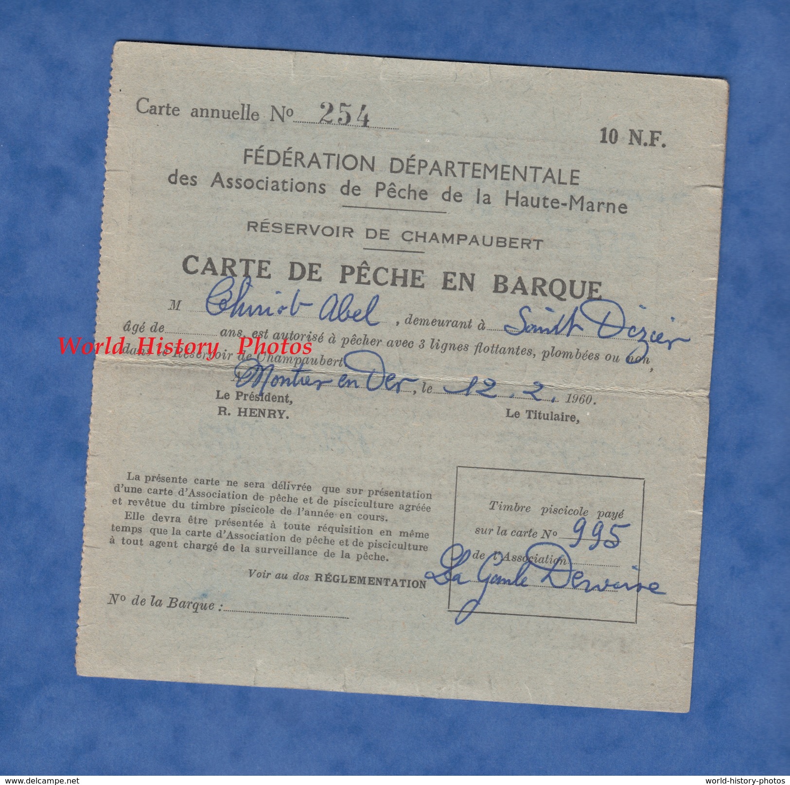 Carte Ancienne De Pêche En Barque - HAUTE MARNE - Montier En Der - 1960 - Président R. Henry - La Gaule Dervoise - Documents Historiques