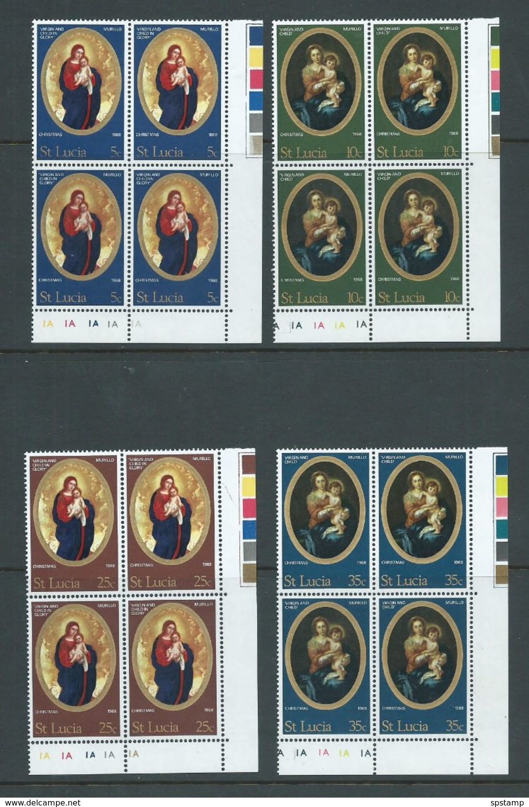 St Lucia 1968 Christmas Murillo Paintings Set 4 MNH Plate Number Marginal Blocks Of 4 - St.Lucia (...-1978)