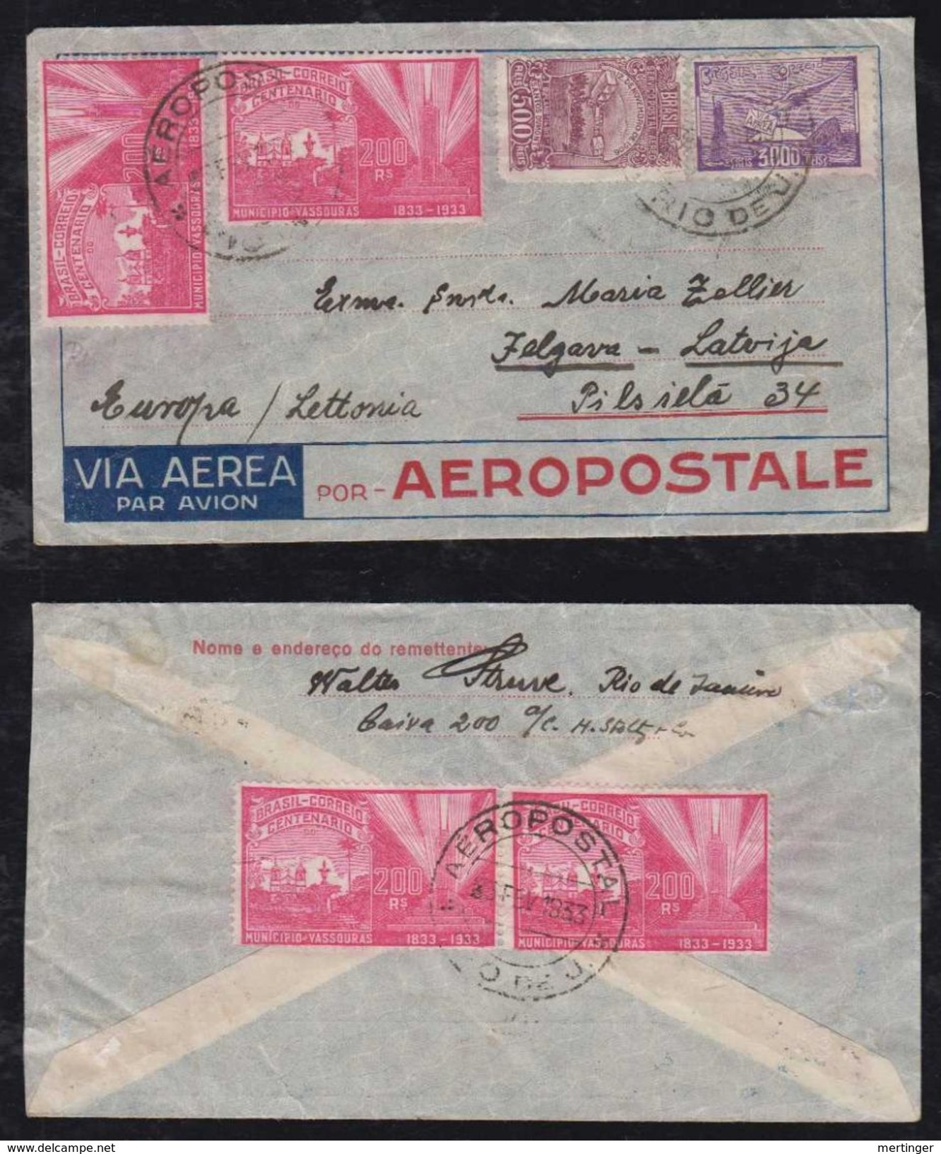 Brazil Brasil 1933 Airmail Cover AEROPOSTALE RIO To JELGAVA Latvia Latvija - Cartas & Documentos