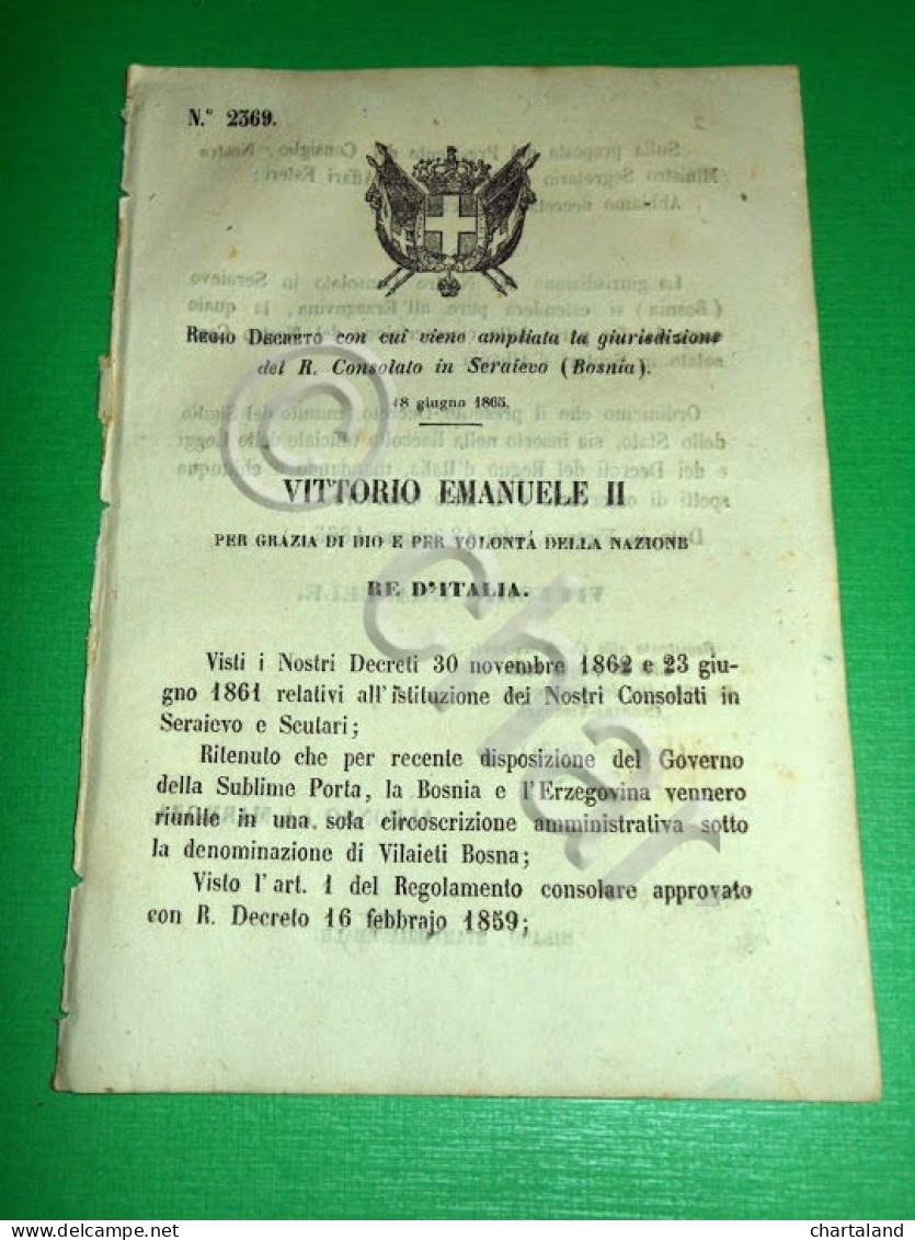 Regno Italia Regio Decreto Giurisdizione R. Consolato In Sarajevo (Bosnia) 1865 - Non Classificati