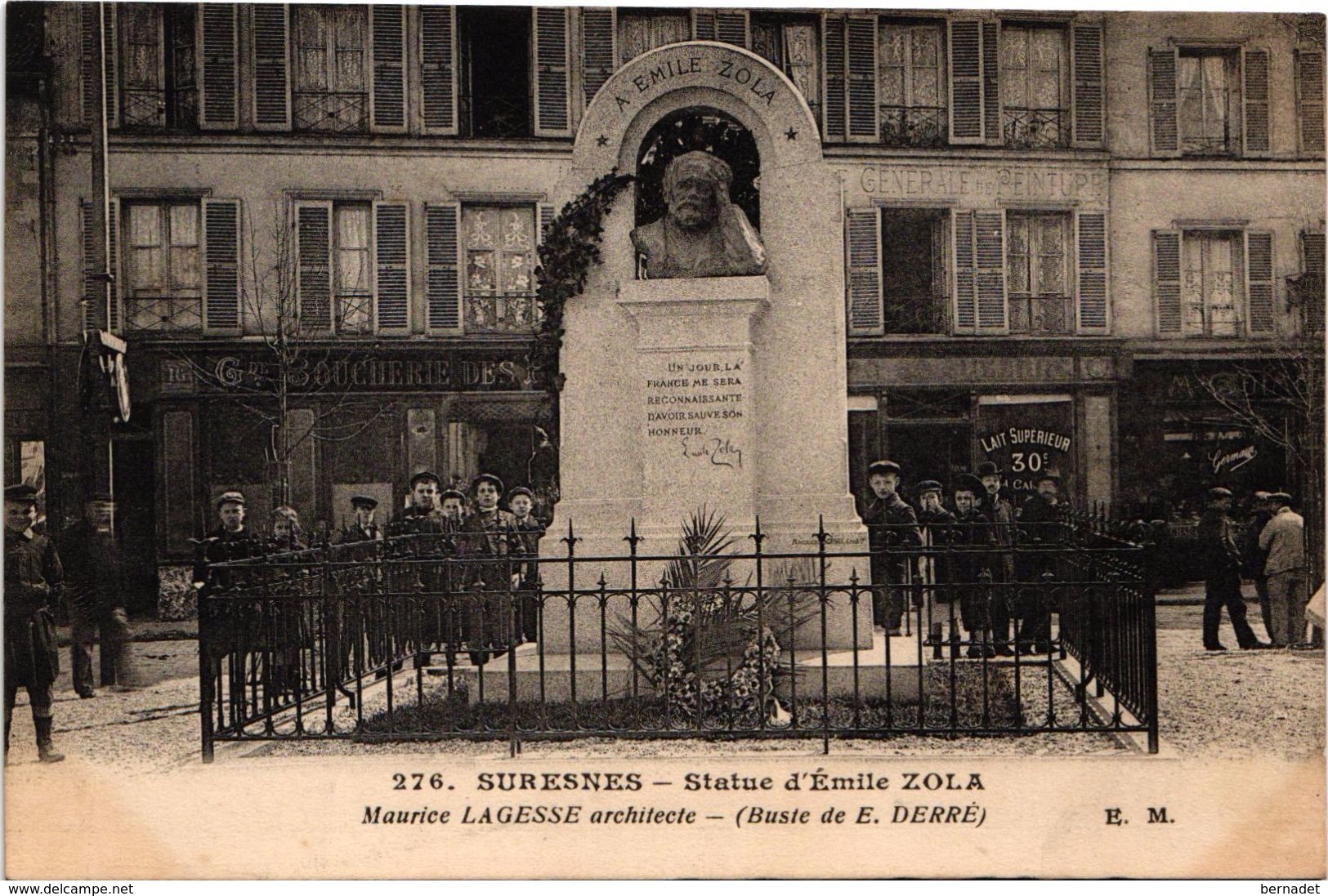 92 ..SURESNES .. STATUE D'EMILE ZOLA .. MAURICE LAGESSE ARCHITECTE .. BUSTE DE E. DERRE ... 1917 - Suresnes