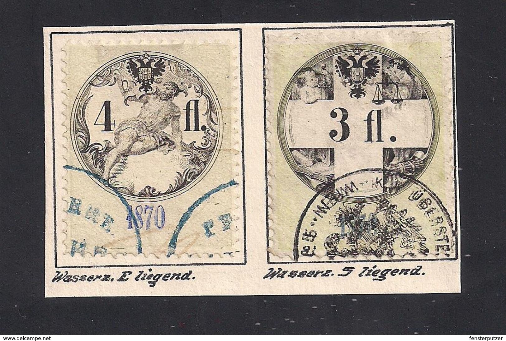 2 Austria Revenue 3 + 4 Fl. 1870 Ultramarinblau - Mit WASSERZEICHEN - Steuermarken