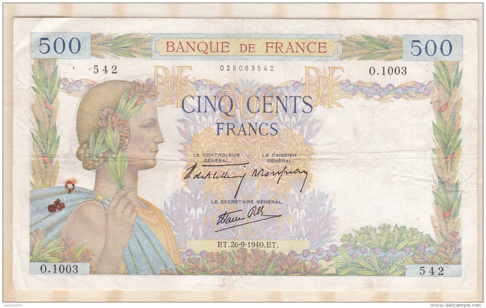 Billet 500 Francs La Paix Du 26 - 9 - 1940 . Alph. O.1003 N° 542 - 500 F 1940-1944 ''La Paix''