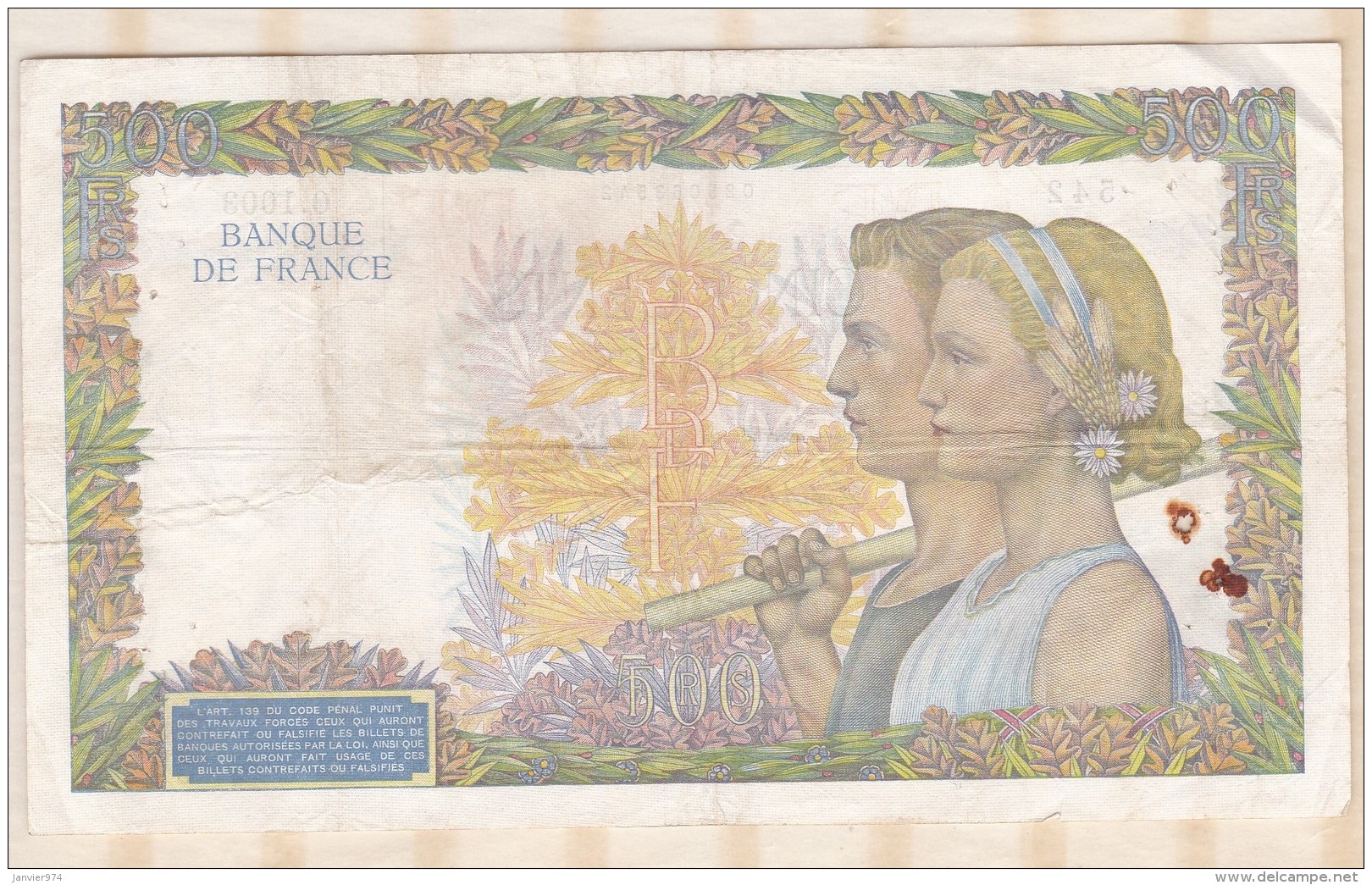 Billet 500 Francs La Paix Du 26 - 9 - 1940 . Alph. O.1003 N° 542 - 500 F 1940-1944 ''La Paix''