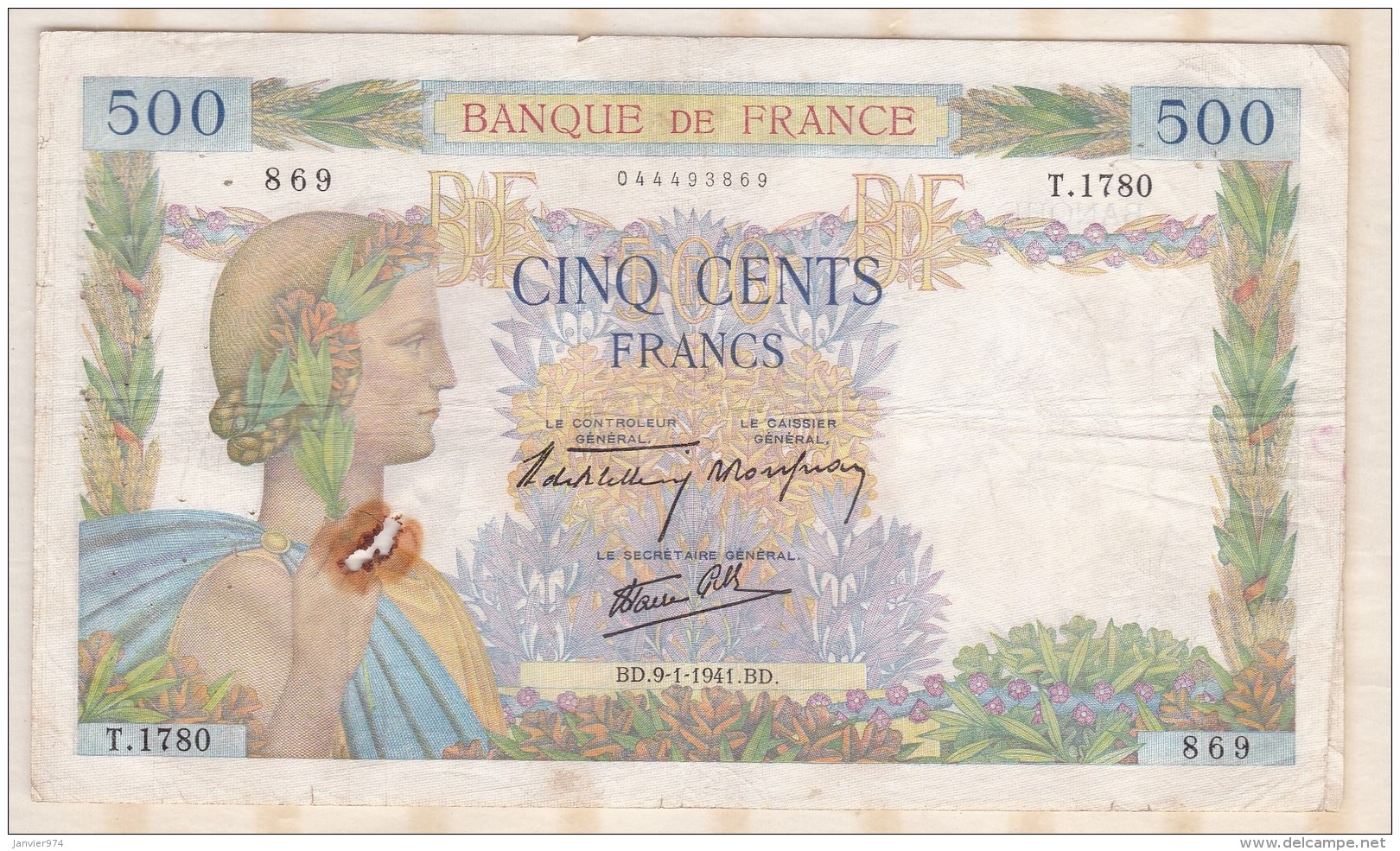 Billet 500 Francs La Paix Du 9 - 1 - 1941 . Alph. T.1780 N° 869 - 500 F 1940-1944 ''La Paix''