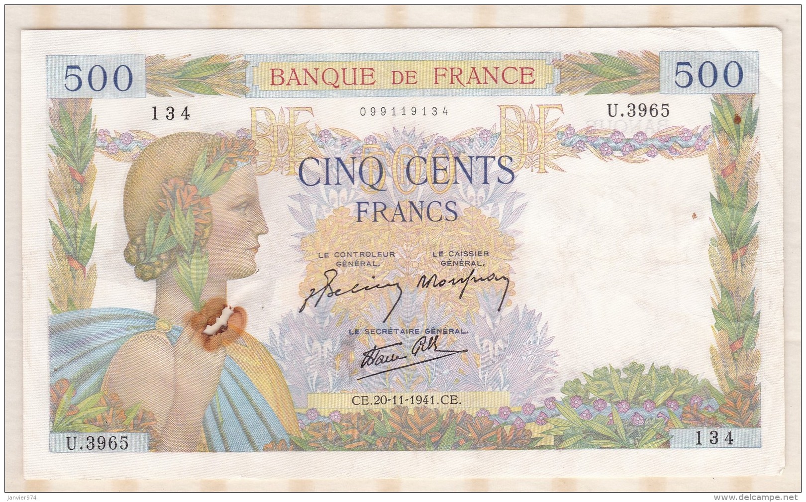 Billet 500 Francs La Paix Du 20 - 11 - 1941 . Alph. U.3965  N° 134 - 500 F 1940-1944 ''La Paix''