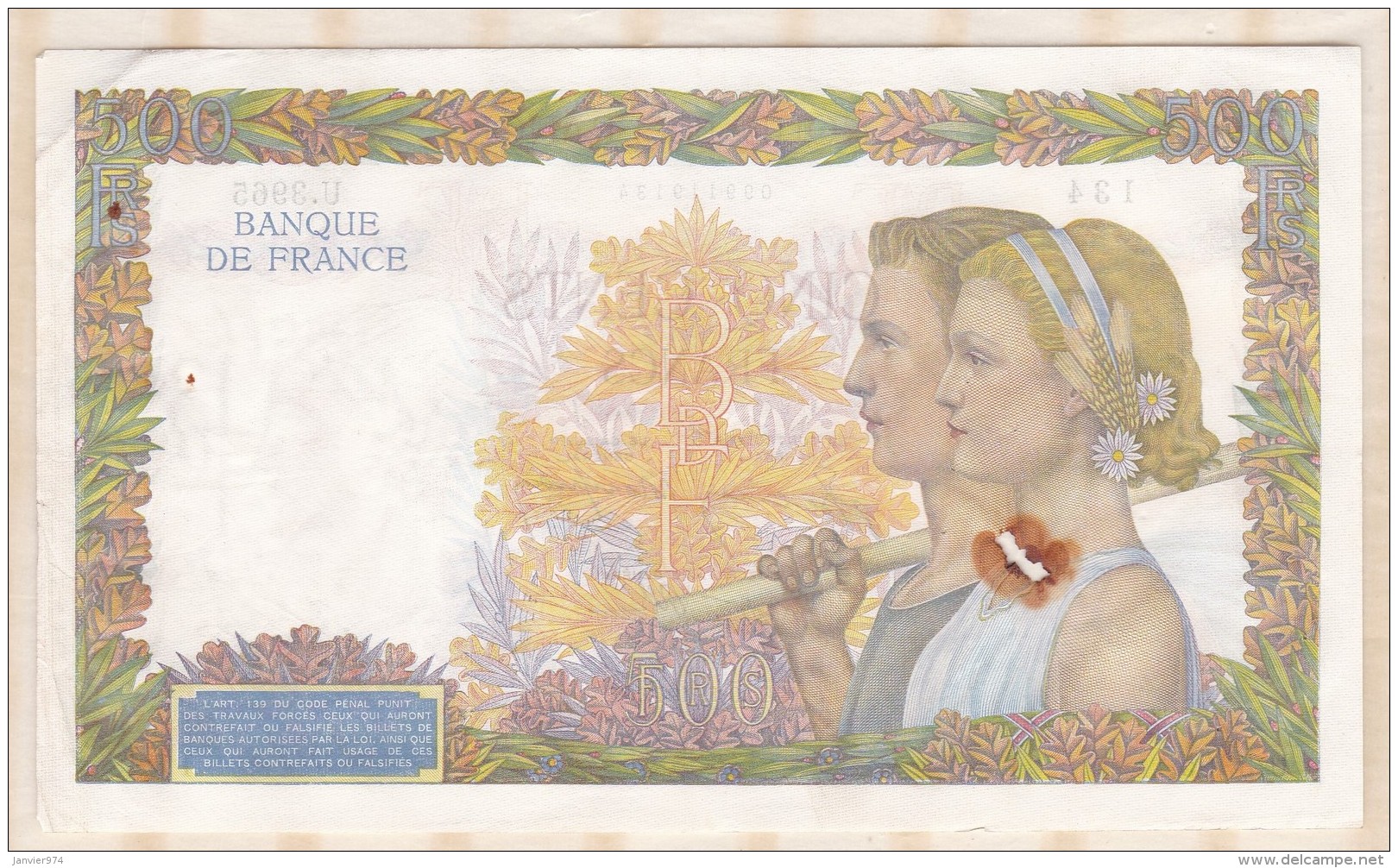 Billet 500 Francs La Paix Du 20 - 11 - 1941 . Alph. U.3965  N° 134 - 500 F 1940-1944 ''La Paix''