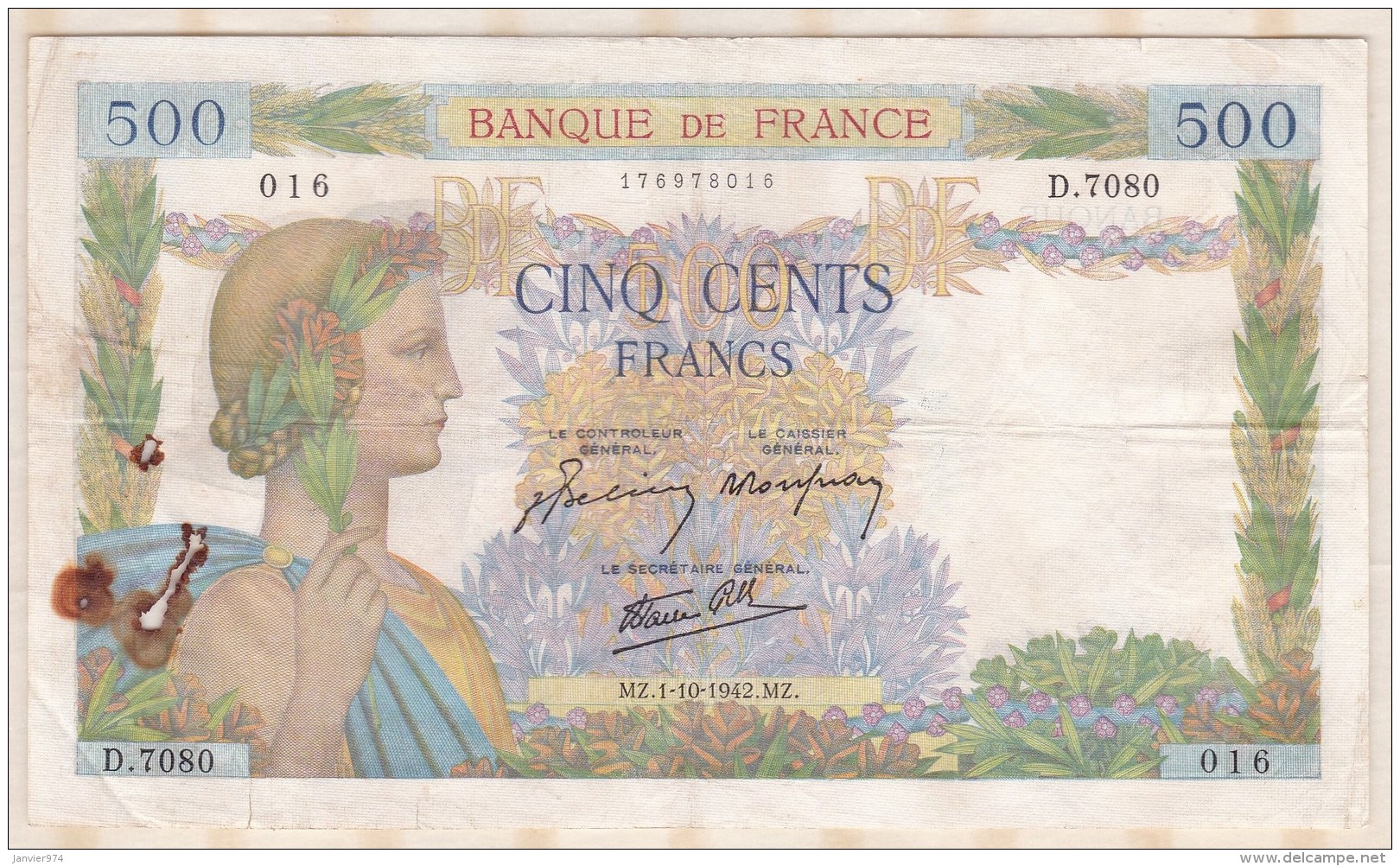 Billet 500 Francs La Paix Du  1 - 10 - 1942 . Alph. D.7080 N° 016 - 500 F 1940-1944 ''La Paix''