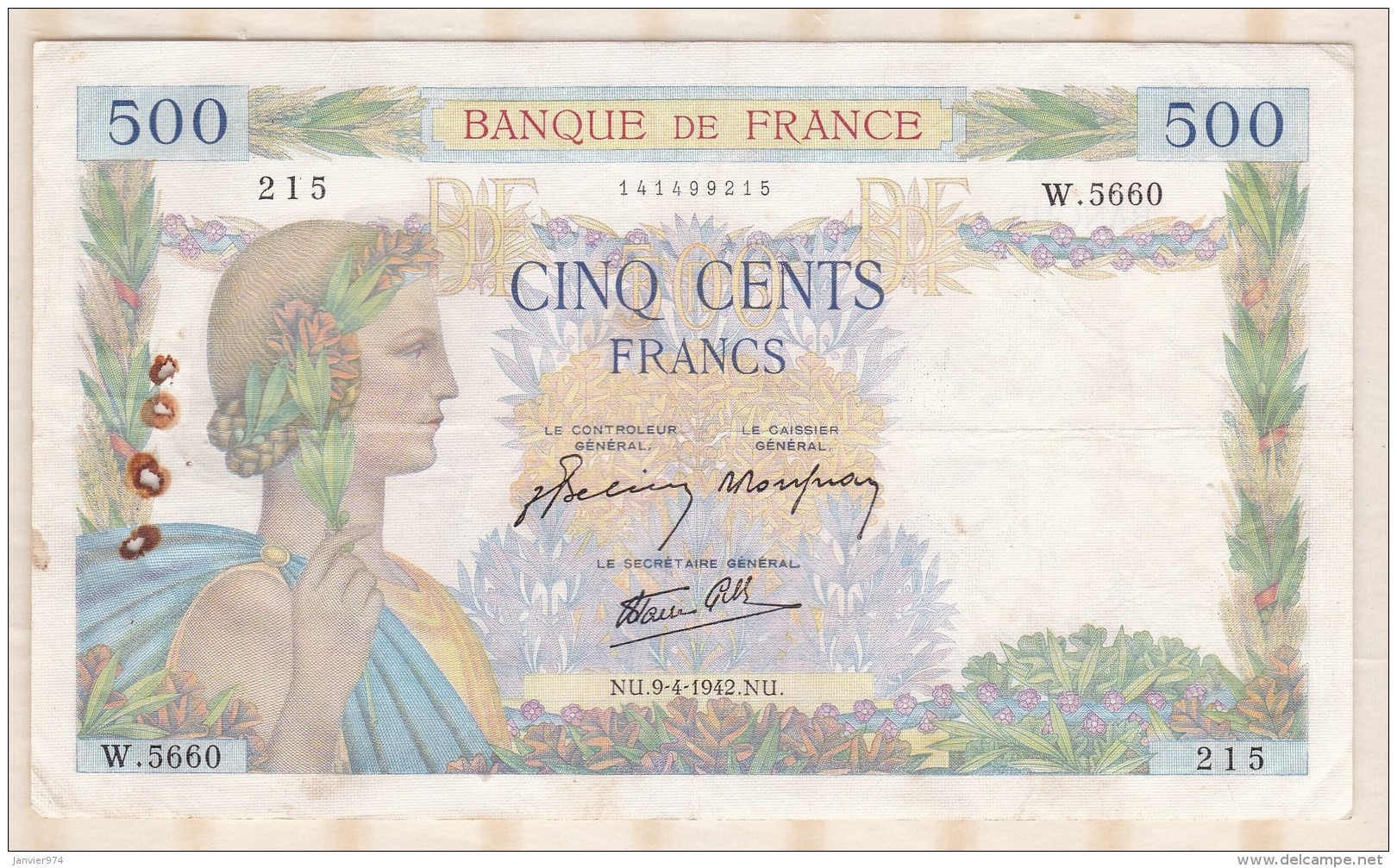 Billet 500 Francs La Paix Du  9 - 4 - 1942 . Alph. W.5660 N° 215 - 500 F 1940-1944 ''La Paix''