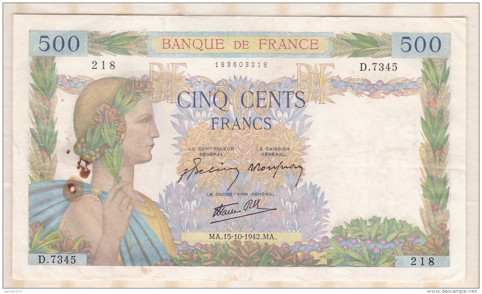 Billet 500 Francs La Paix Du  15 - 10 - 1942 . Alph. D.7345 N° 218 - 500 F 1940-1944 ''La Paix''