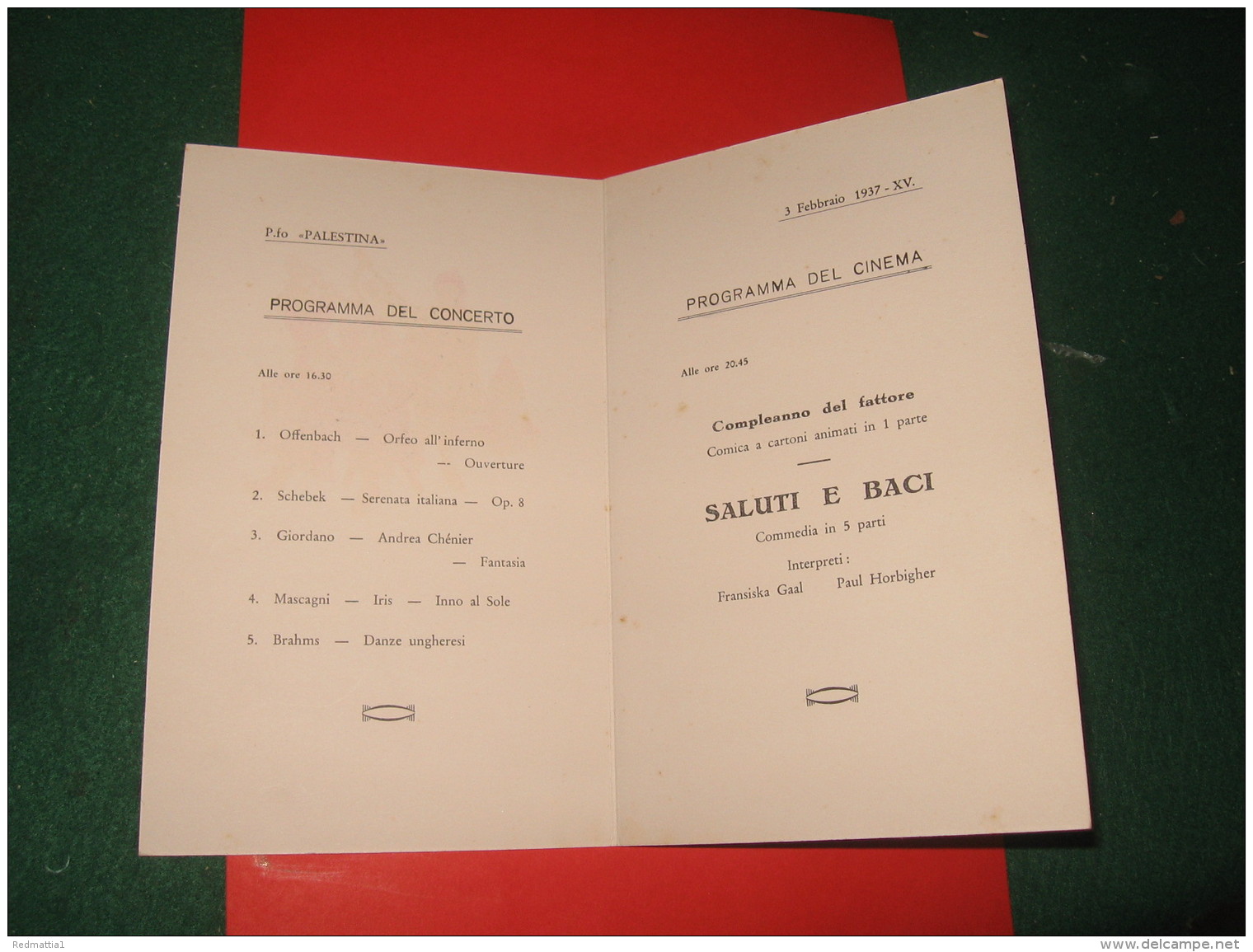 PROGRAMMA ' LLOYD TRIESTINO PIROSCAFO PALESTINA CONCERTO E CINEMA 3° FEBBRAIO 1937 - Programmi