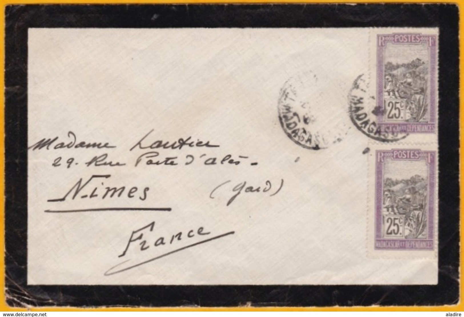 1927 - Faire-pa De Deuil De Tananarive, Madagascar Vers Nimes, Gard - Affrt à 50 C (paire De 25 C Porteurs) - Storia Postale