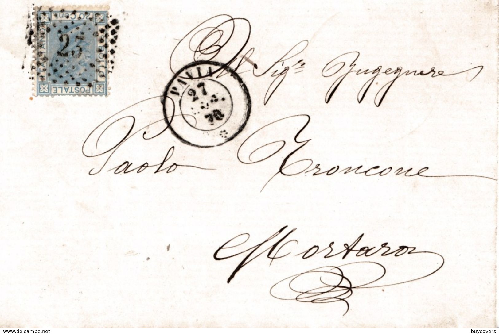 R179 - Involucro Del 1870 Da Pavia A Mortara (PV) Con Cent. 20 Azzurro Annullo Numerale A Punti "23" - Storia Postale