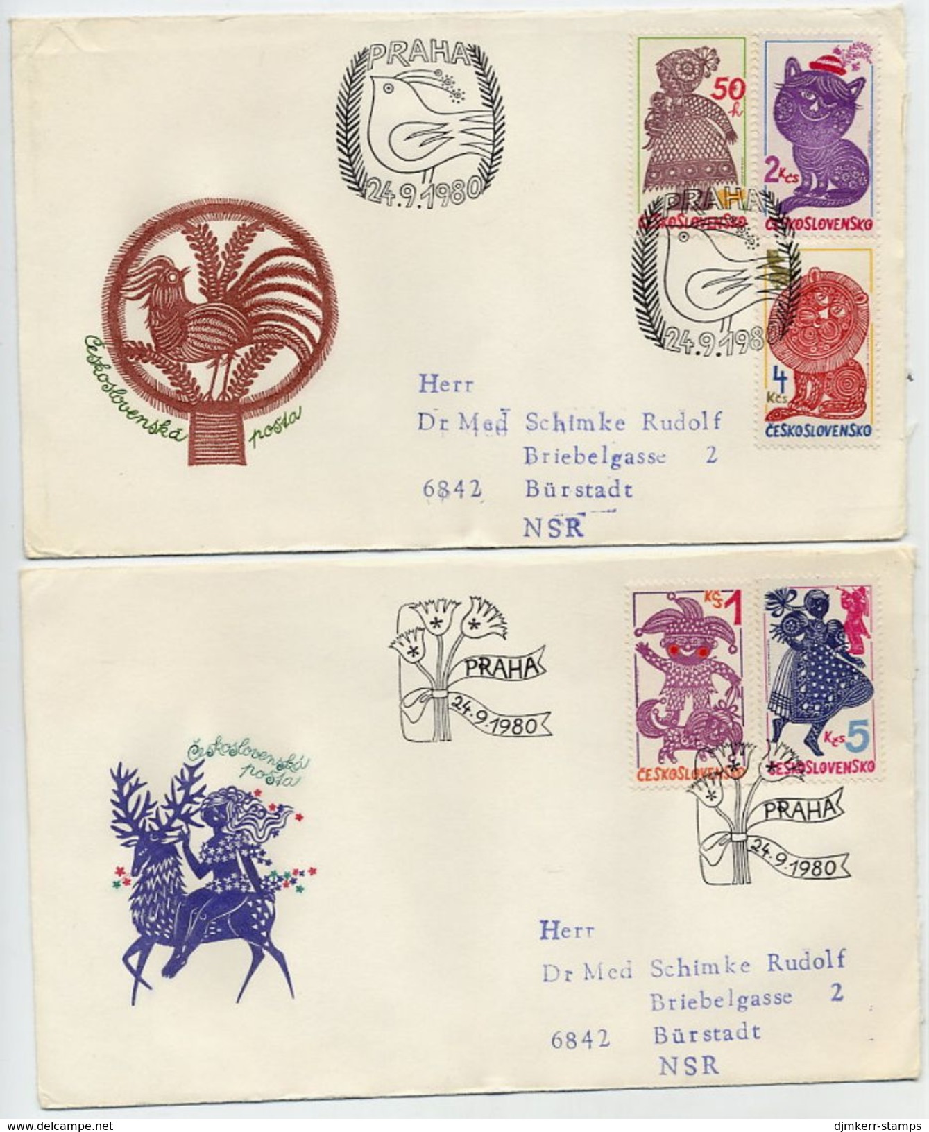 CZECHOSLOVAKIA 1980 Paper Cout-out Art On 2 FDCs.  Michel 2578-82 - FDC