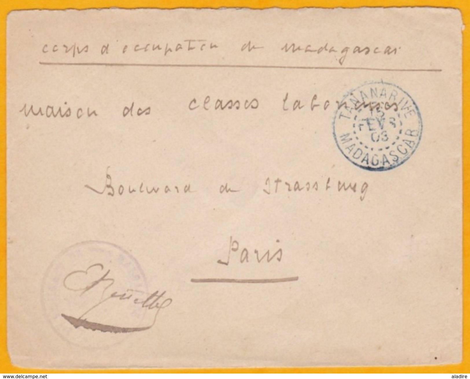 1903 -  Corps D' Occupation De Madagascar - Enveloppe De Tananarive Vers Paris -  Franchise Militaire  - Cad Arrivée - Lettres & Documents