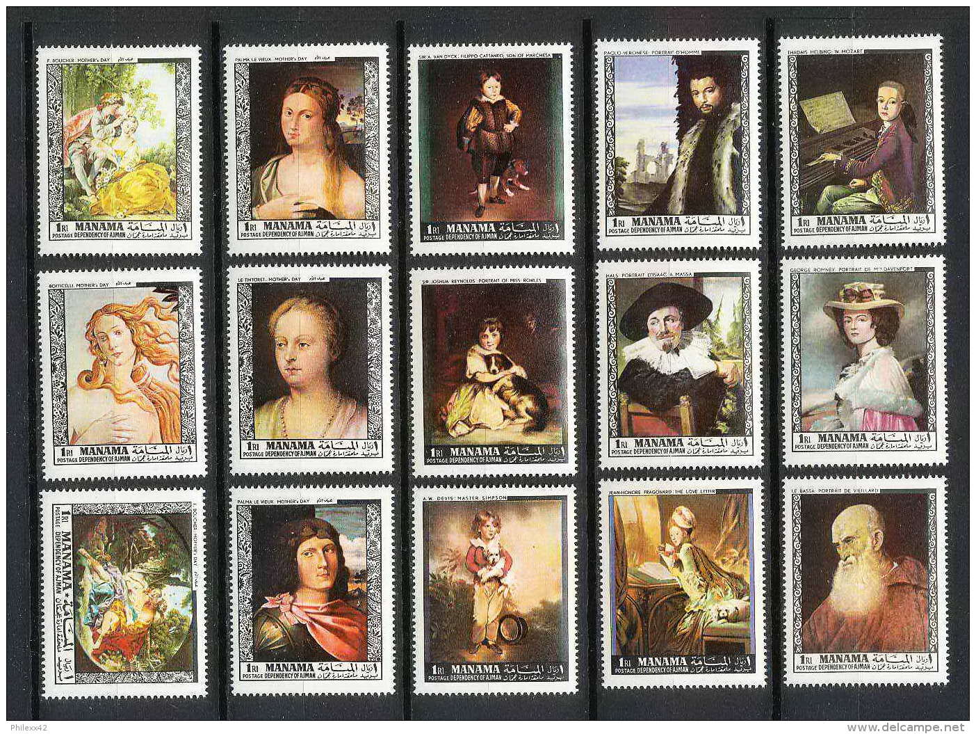 496a Manama MNH ** N° 432 / 446 A Tableau (tableaux Painting) Old Masters Botticelli Veronese Tintoretto Van Dyck Titian - Manama