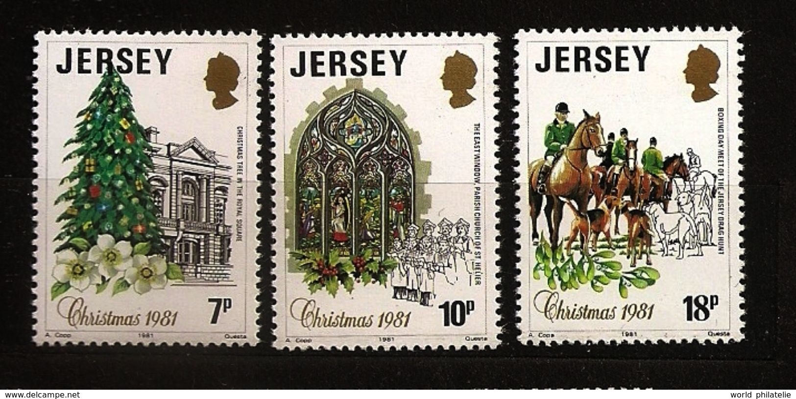 Jersey 1981 N° 264 / 6 ** Noël, Cadeau, Sapin, Vitrail, Chant, Musique, Chorale, Chasse à Courre, Chiens, Renard Chevaux - Jersey