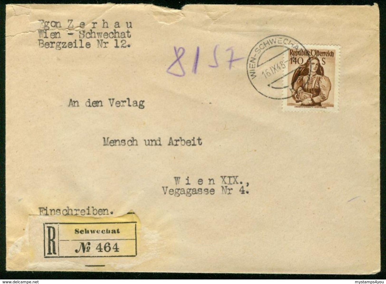 BR Österreich | 1948 Reco Brief Von Schwechat Nach Österreich, Wien - Covers & Documents