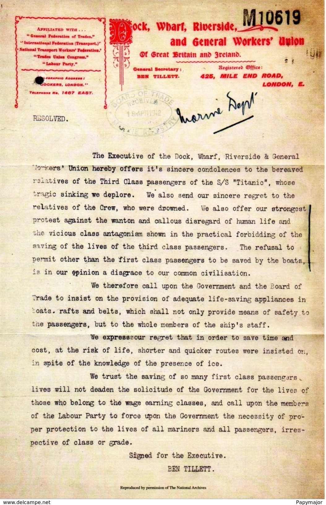 TITANIC - Réplique -lettre De Condoléances Reçue Le 19 April 1912 - Autres & Non Classés