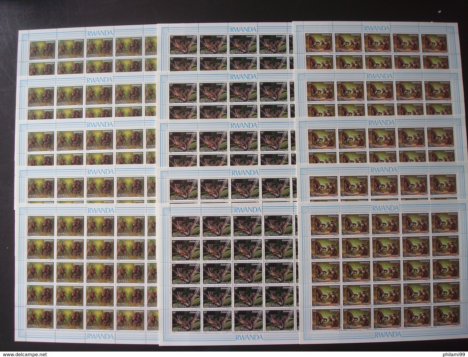 RWANDA 1988  15 FULL SHEETS 2F 10F 90F MNH * *  BUZIN MONKEY APE Singes Primates - Ongebruikt