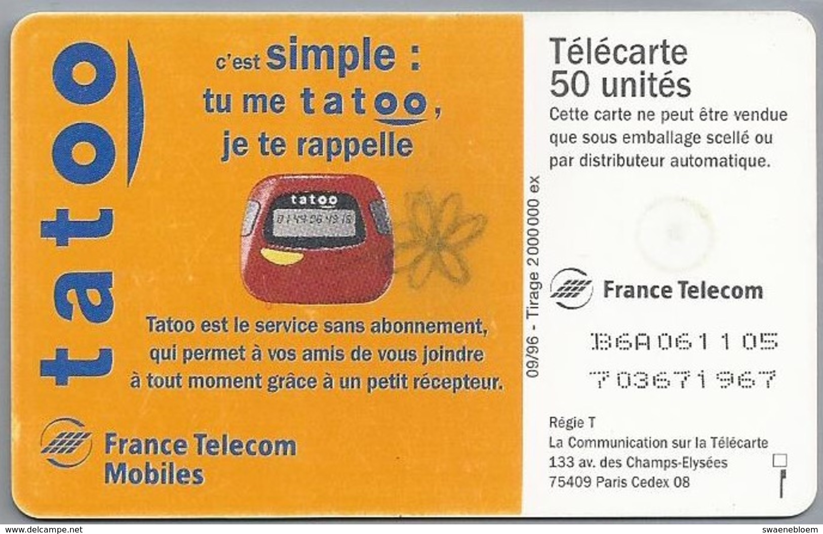 FR.- France Telecom Mobiles. Tatoo. Votre Tribu Garde Le Contact Avec Vous. Telecarte 50. 2 Scans - 1993