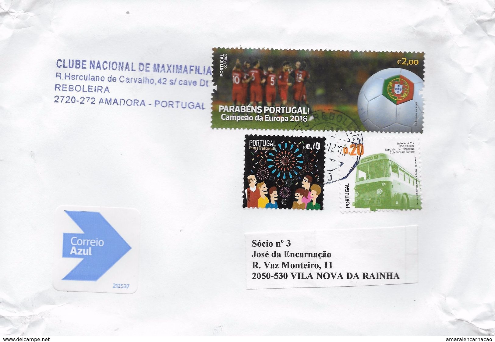 TIMBRES - STAMPS - PORTUGAL - 2016 - FÉLICITATIONS PORTUGAL - CHAMPION D' EUROPE DE FOOTEBALL -LETTRE POST BLEU - Lettres & Documents