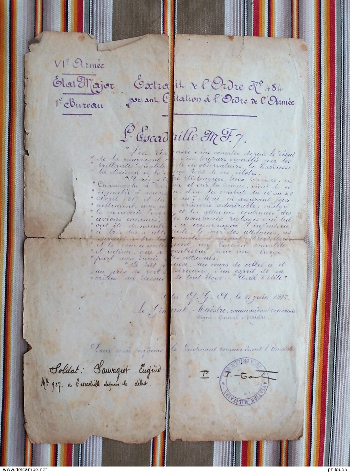 RARE Lot AVIATION Citation A L Ordre De L Armee ESCADRILLE MF7  VILLERS EN ARGONNE (Sauvageot Eugene) VERDUN FARMAN Etat - Guerre, Militaire