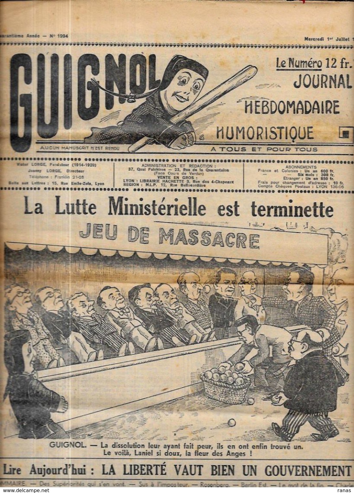 Revue GUIGNOL Satirique Politique Illustrée N° 1994 De 1953 Jeu De Massacre - Autres & Non Classés