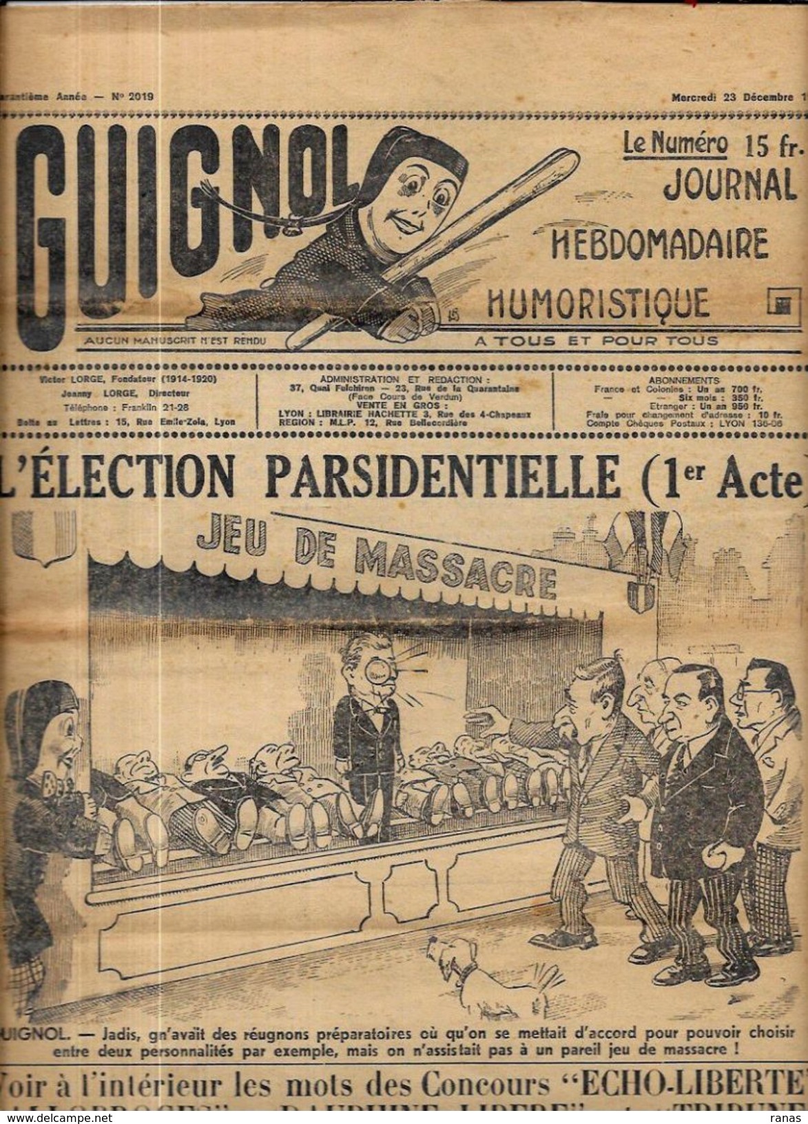 Revue GUIGNOL Satirique Politique Illustrée N° 2019 De 1953 Jeu De Massacre - Andere & Zonder Classificatie
