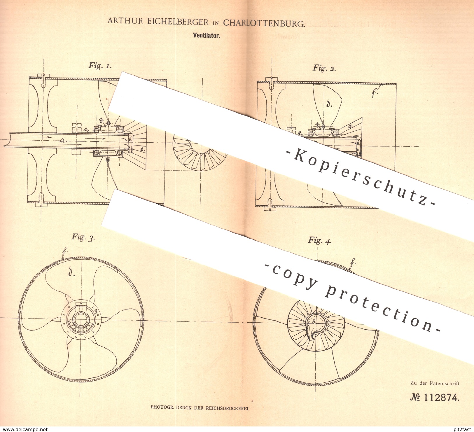 Original Patent - Arthur Eichelberger , Berlin / Charlottenburg , 1899 , Ventilator , Ventilatoren | Wasser , Dampf !! - Historische Dokumente