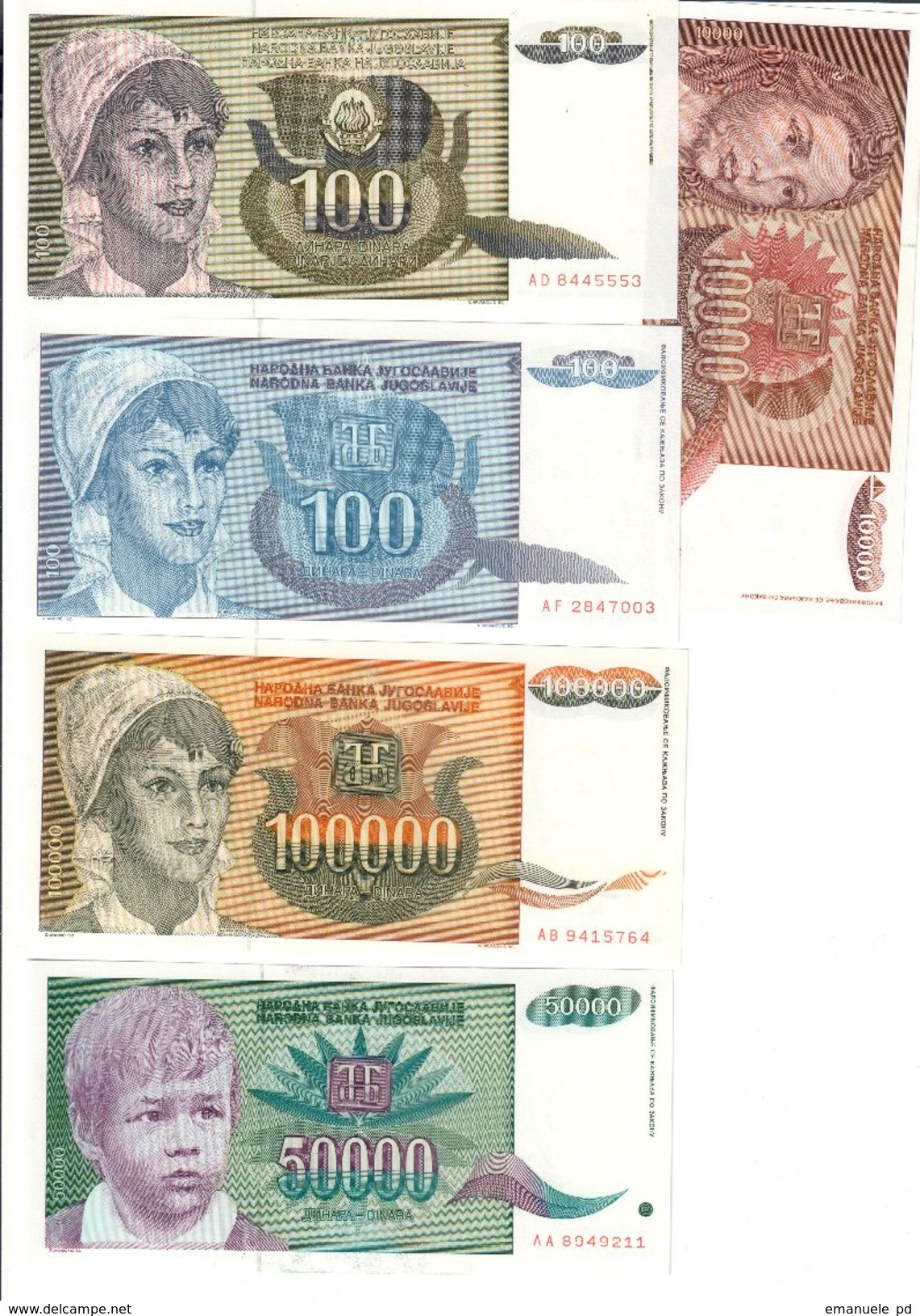 YUGOSLAVIA UNC Lot 5 Banknotes 1991-93 Pick 108/112/116/117/118 - Yugoslavia