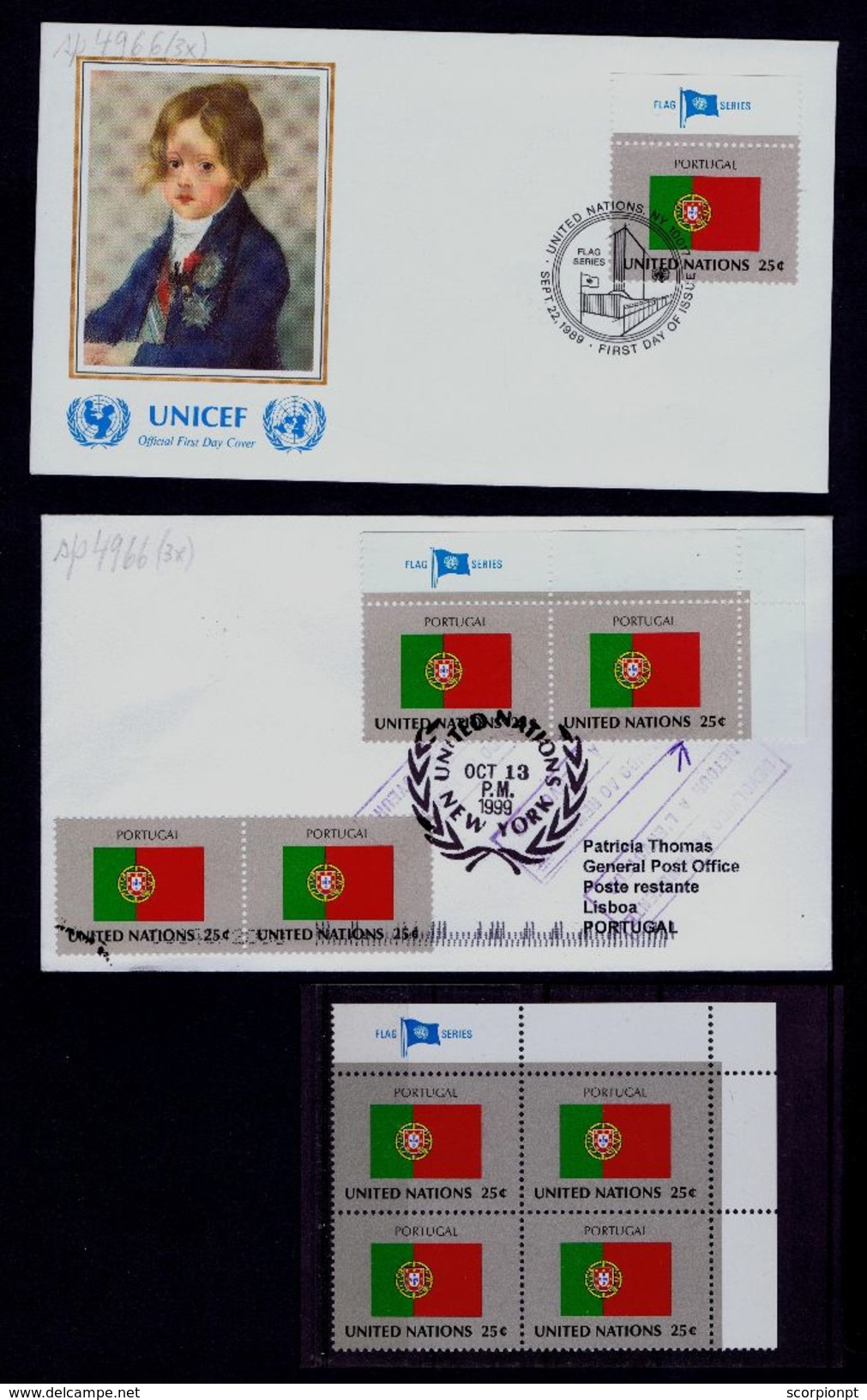 Sp4966 NATIONS UNIS UNICEF Architecture Arts Flags Fdc UNITED NATIONS NY Drapeaux 1989+1999 PORTUGAL (3 Itens) - Storia Postale