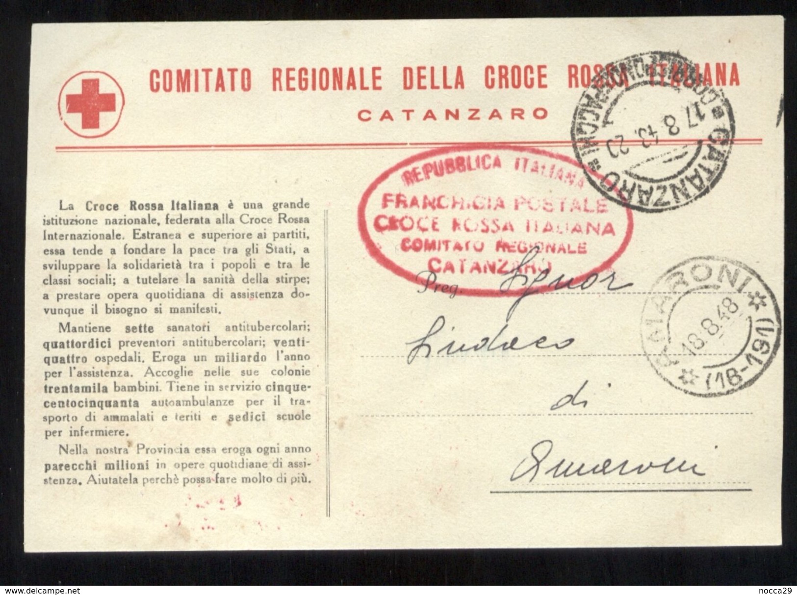 COMITATO CROCE ROSSA DI CATANZARO 1948 - CARTOLINA  IN CUI SI COMUNICA CHE IL SERVIZIO PER AUTOAMBULANZA E' A PAGAMENTO - Red Cross