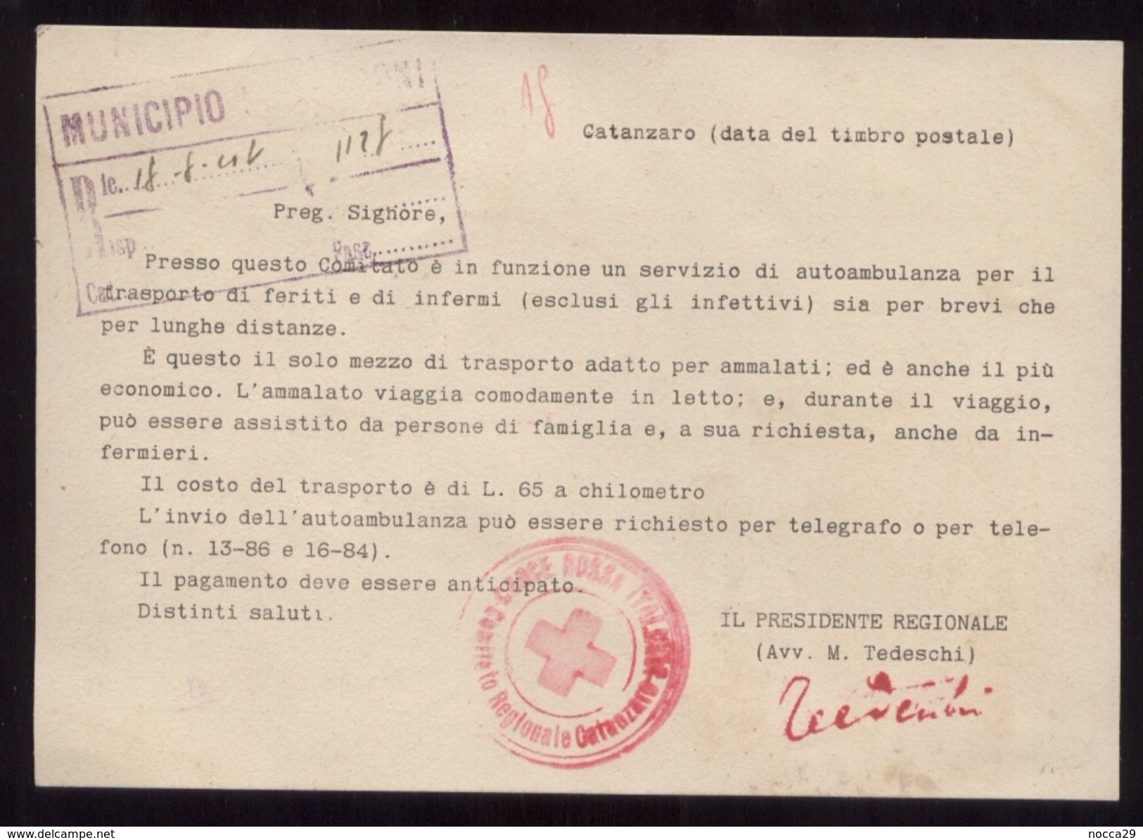 COMITATO CROCE ROSSA DI CATANZARO 1948 - CARTOLINA  IN CUI SI COMUNICA CHE IL SERVIZIO PER AUTOAMBULANZA E' A PAGAMENTO - Red Cross