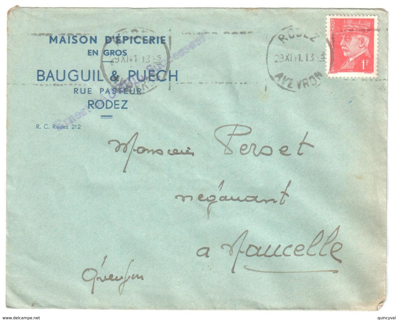 4272 RODEZ Aveyron Lettre Ob 26 11 1941 Pétain 1F Rouge Yv 514 Ob Mécanique Krag Texte Limé Ref Dreyfus ROD107 - 1941-42 Pétain