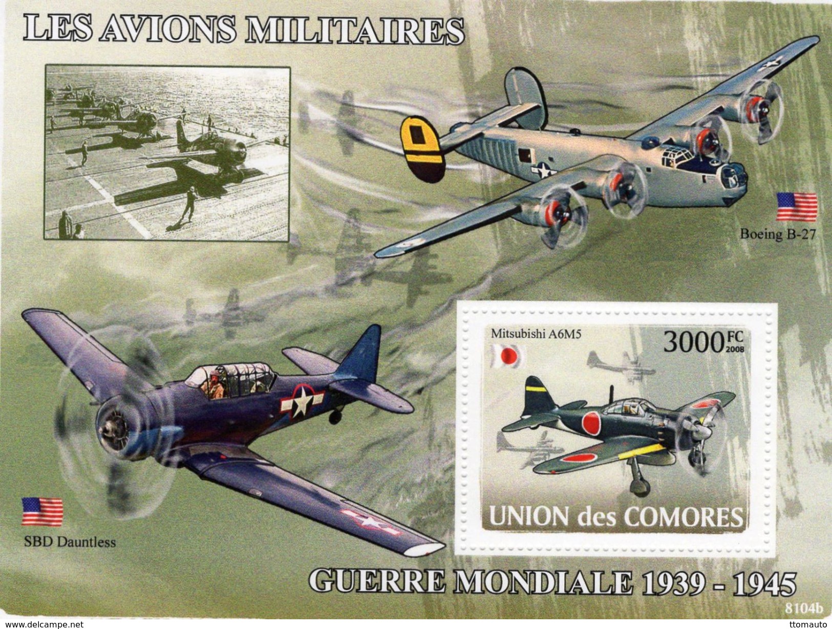 Comores- Avions Militaires 1939-1945  -  Boeing B-27 - SBD Dauntless - Mitsubishi A6M5  -  1v MS Neuf/Mint MNH - Avions