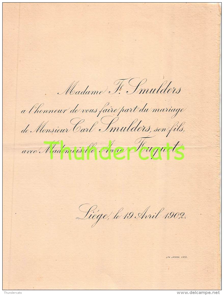 FAIRE PART MARIAGE SMULDERS CARL ANNA FOUQUET LIEGE 1902 - Mariage