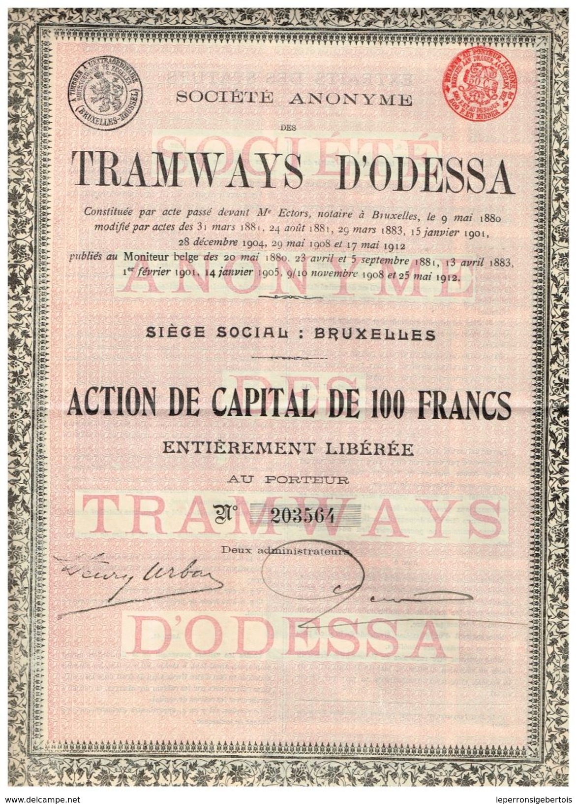 Action Ancienne - Société Anonyme De Tramways D' Odessa - Titre De 1912 - - Chemin De Fer & Tramway
