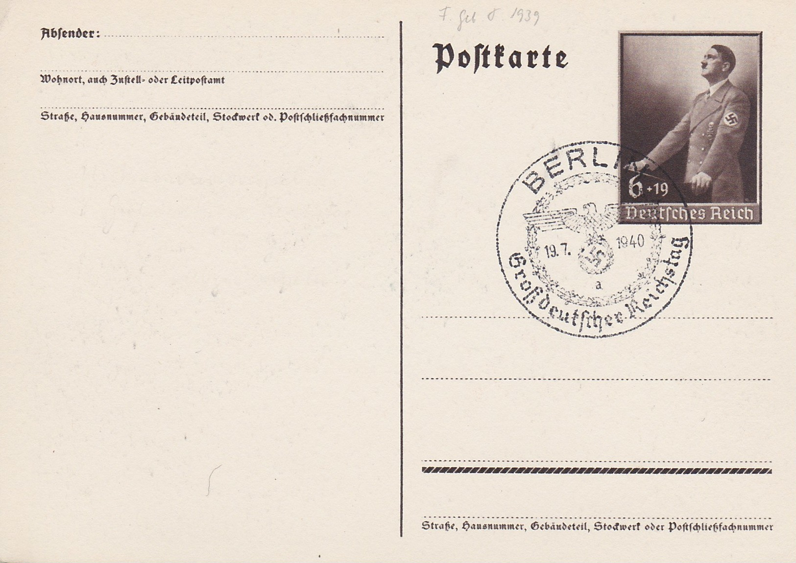 PROPAGANDAKARTE MIT BERLINER SONDERSTEMPEL: "GROßDEUTSCHER REICHSTAG 1940" - NICHT GELAUFEN - Gebraucht