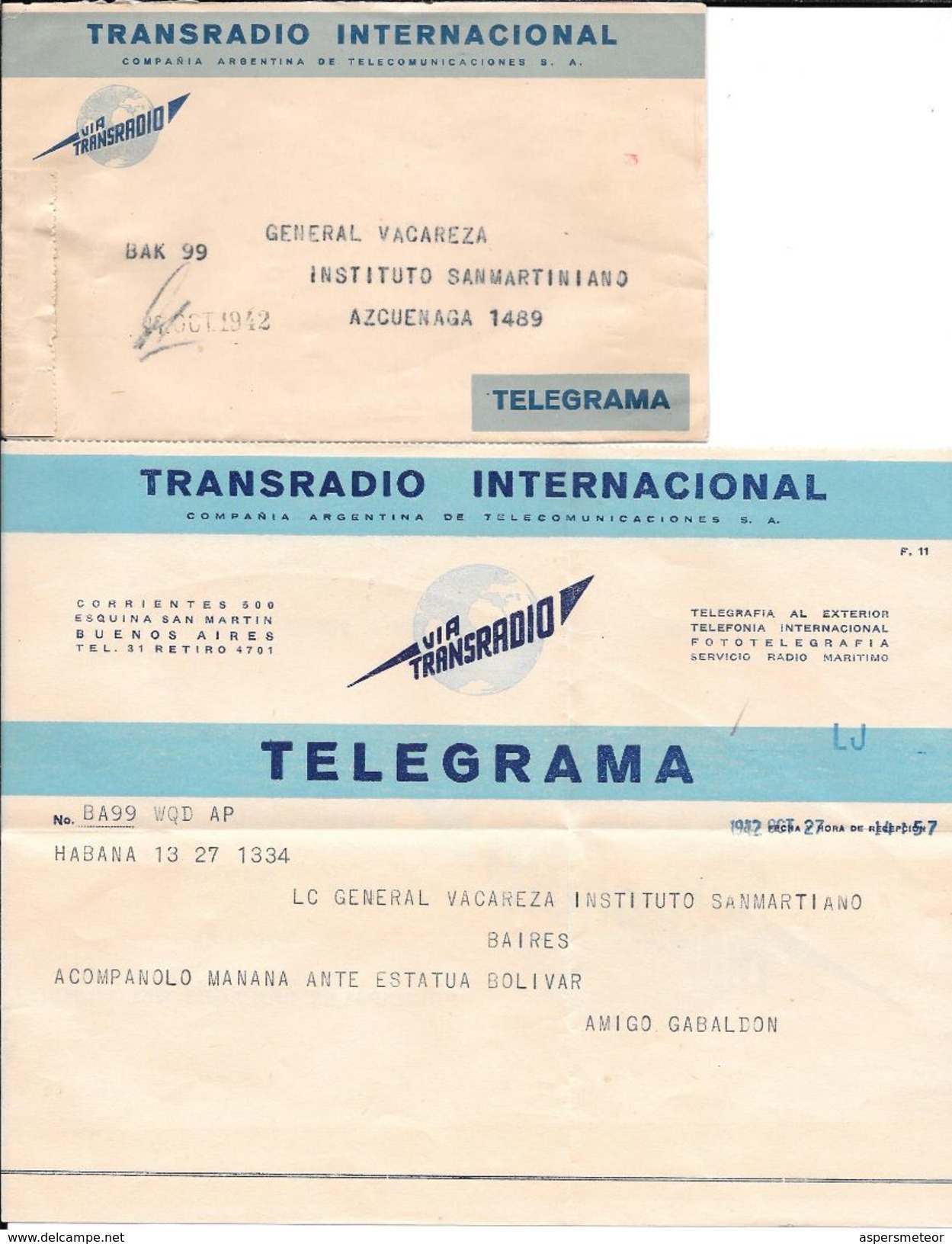 TELEGRAMA TRANSRADIO INTERNACIONAL COMPAÑIA ARGENTNA DE TELECOMUNICACIONES S.A. AÑO 1942 COMPLETO DIRIGIDO AL PRESIDENTE - Storia Postale