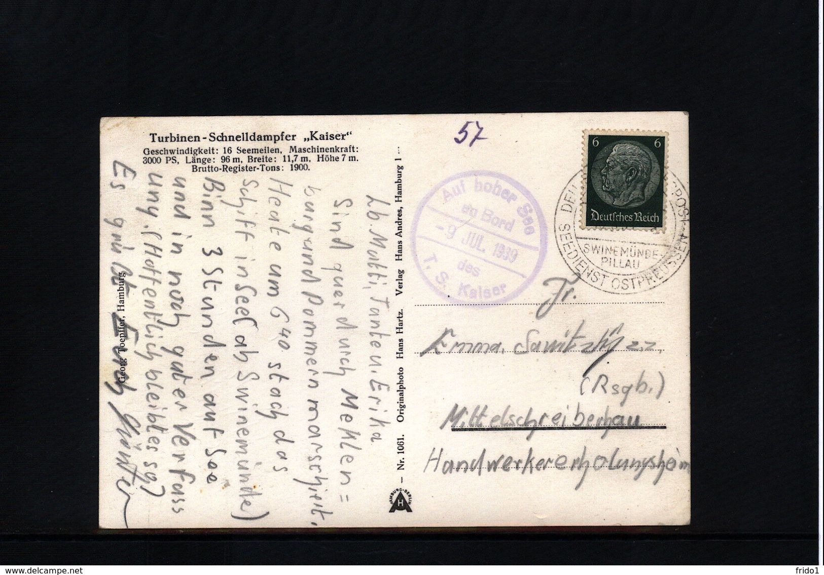 Germany / Deutschland 1939 Schiffspost T.S. Kaiser Interessante Postkarte - Storia Postale