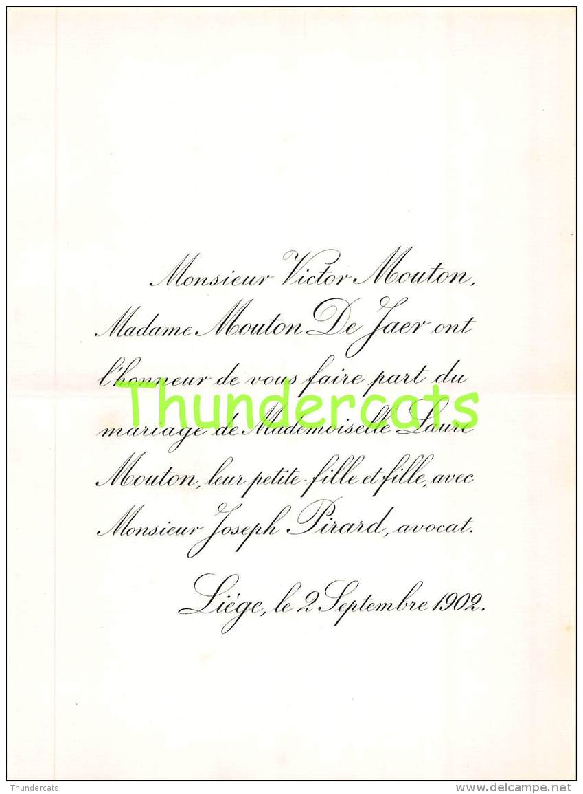 FAIRE PART MARIAGE VICTOR MOUTON DE JAER LAURE JOSEPH PIRARD AVOCAT LIEGE 1902 - Mariage