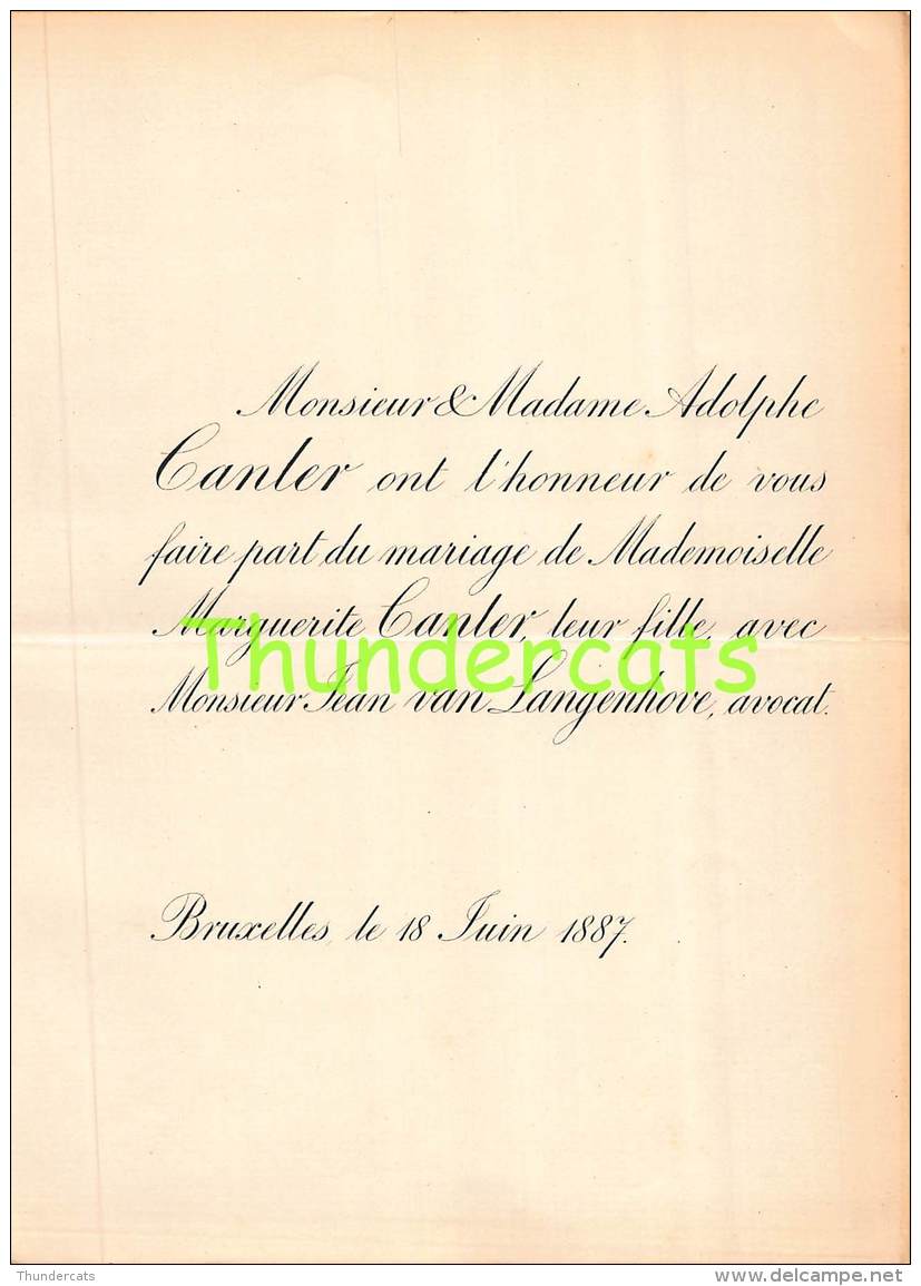 FAIRE PART MARIAGE ADOLPHE CANLER MARGUERITE JEAN VAN LANGENHOVE AVOCAT BRUXELLES 1887 - Huwelijksaankondigingen