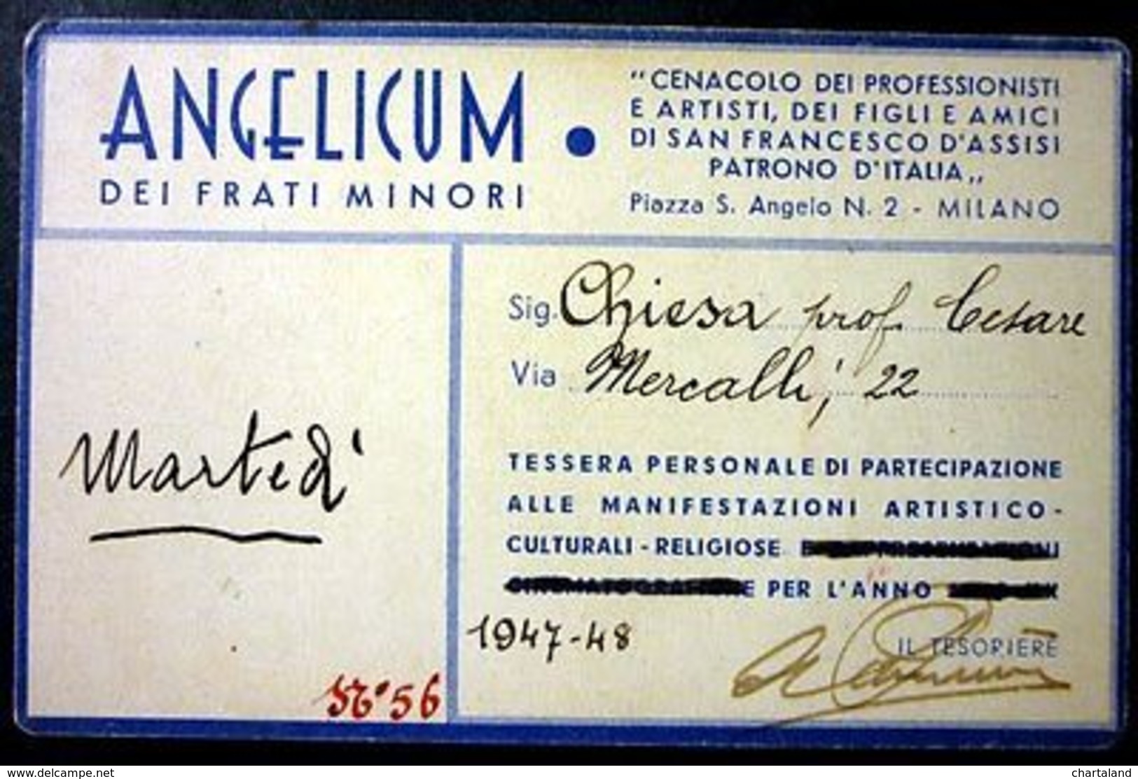 Tessera Angelicum Frati Minori Di Partecipazione Manifestazioni - 1947 - Unclassified