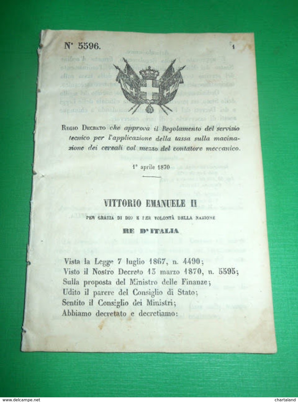 Regno D' Italia Regio Decreto Regolamento Tasse Macinazione Cereali Firenze 1870 - Unclassified