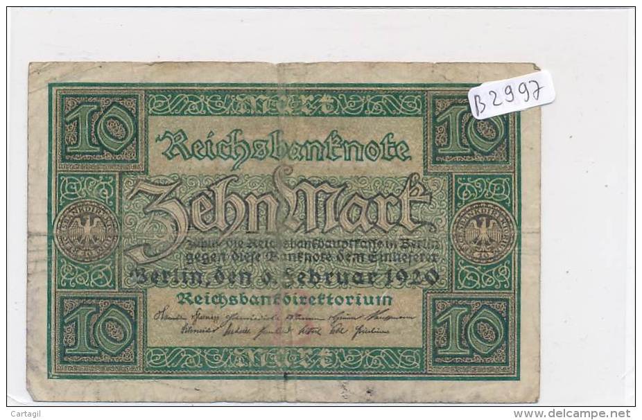 Billets -B2997-Allemagne -10 Mark 1920 (type, Nature, Valeur, état... Voir  Double Scans) - 10 Mark