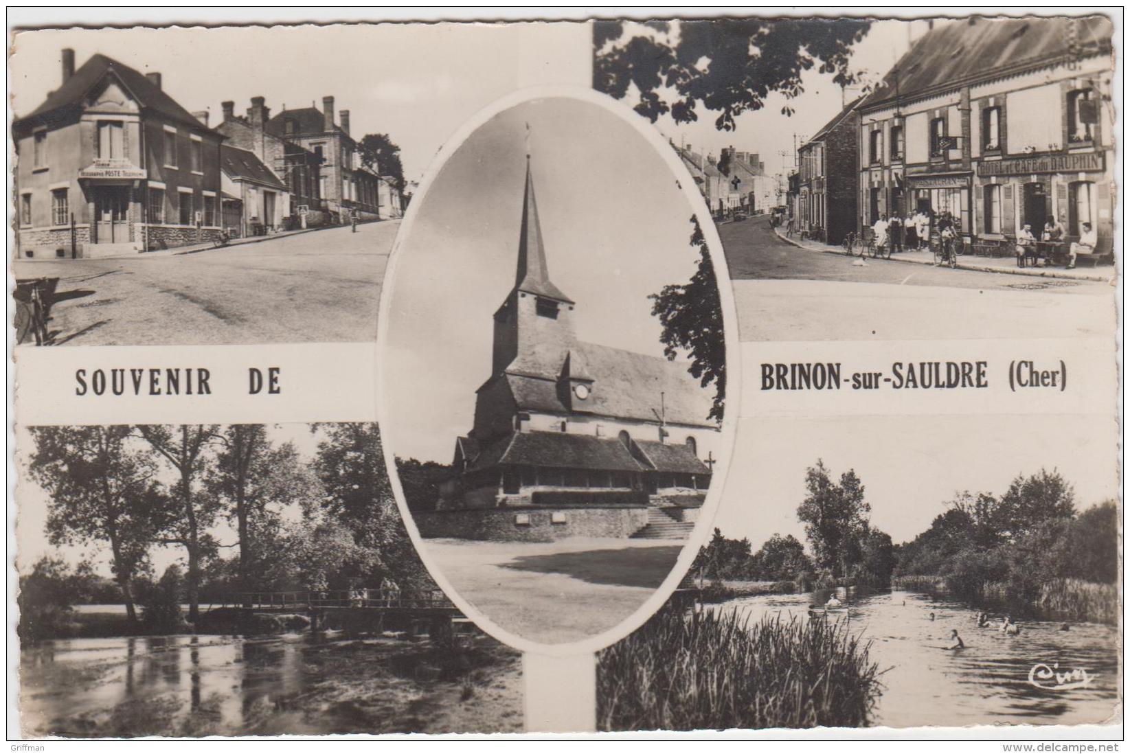 BRINON SUR SAULDRE SOUVENIR CAFE HOTEL DU DAUPHIN LA POSTE MULTIE CARTE 9X14 1953 TBE - Brinon-sur-Sauldre